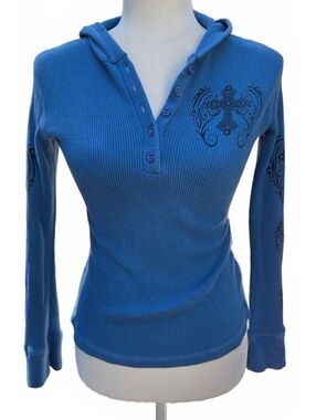 Ocasion Blue Waffle Knit Winged Cross Hoodie Large Y2K Grunge McBling Henley